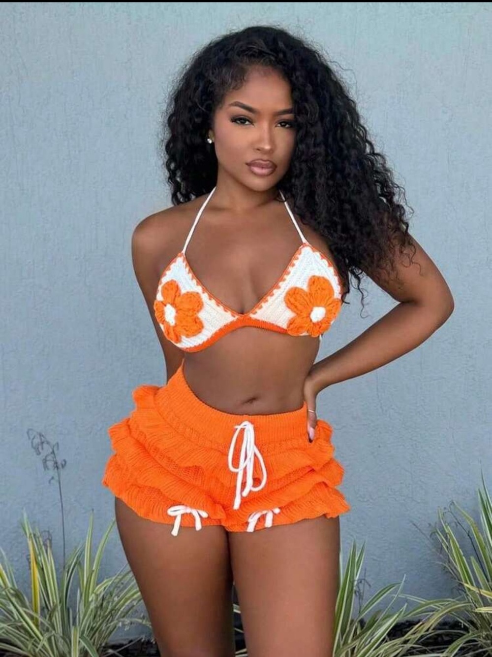 ROMWE Orange Ruffle Knit Shorts with Cream Crochet Bikini Top